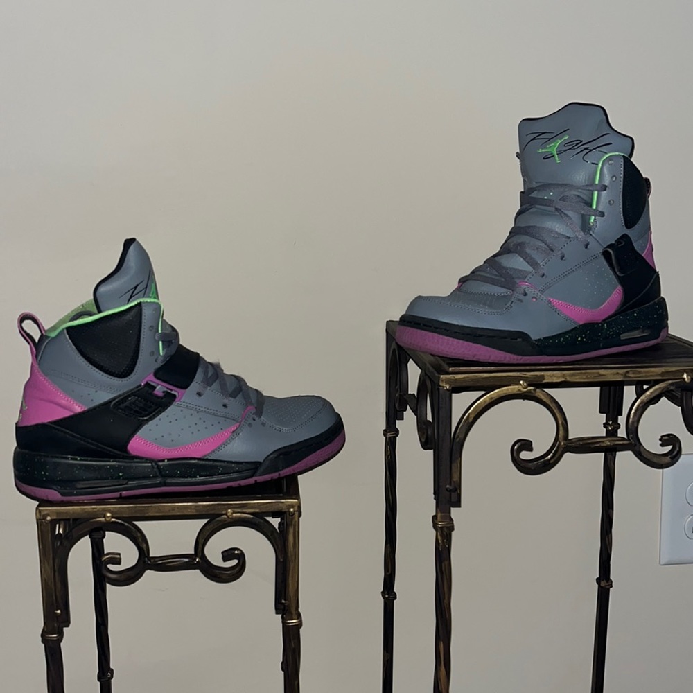Jordan Flight 45 High. Cool grey with pink, black and lime trim